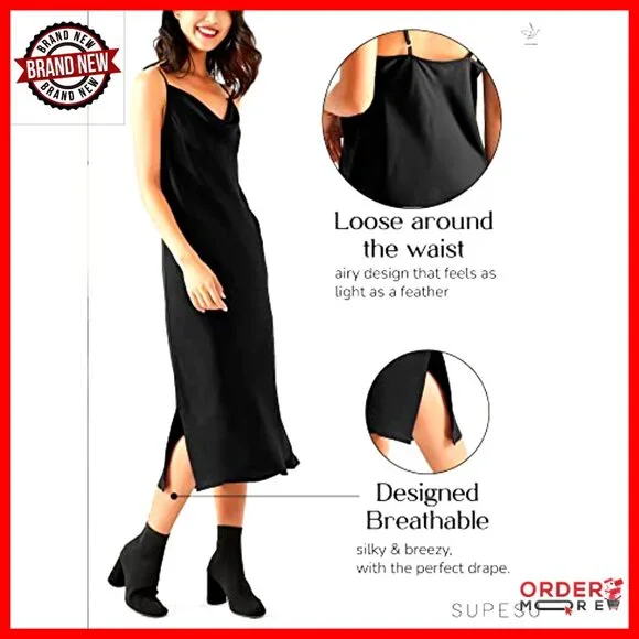 Satin Midi Slip Dress Silky Cowl Neck Adjustable Straps Elegant Formal Wear - Picture 5 of 7